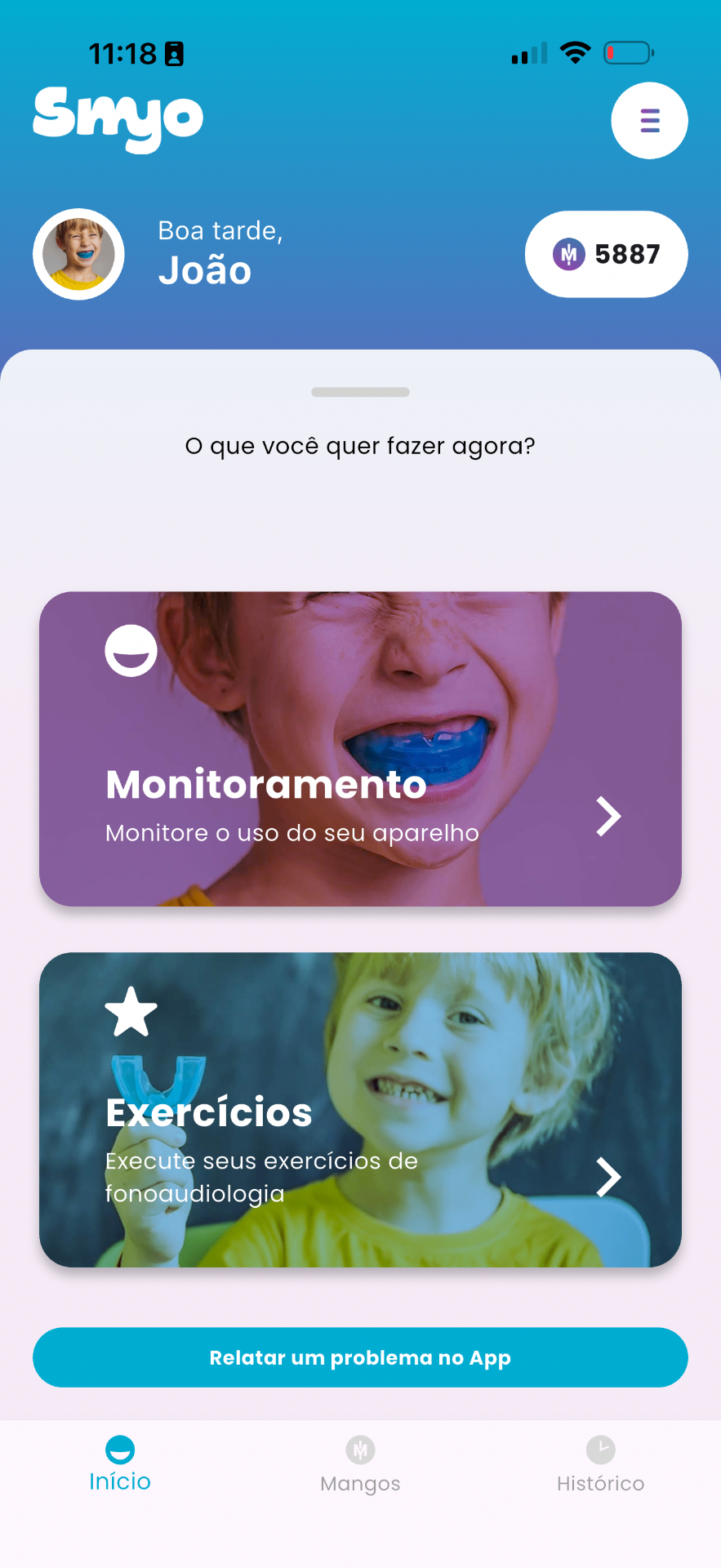 Tela inicial do app Myoplay com Monitoramento e Exercícios